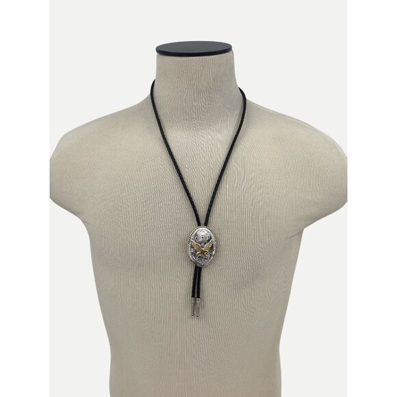 Western Style Black Braided Leather Bolo Tie With Silver/Gold Eagle & Floral Ova - Picture 2 of 3